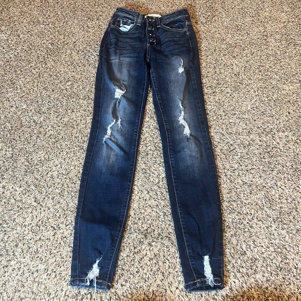 Kancan Womens Dark Wash Distressed Button Fly Skinny Jeans KC6192D Size 23